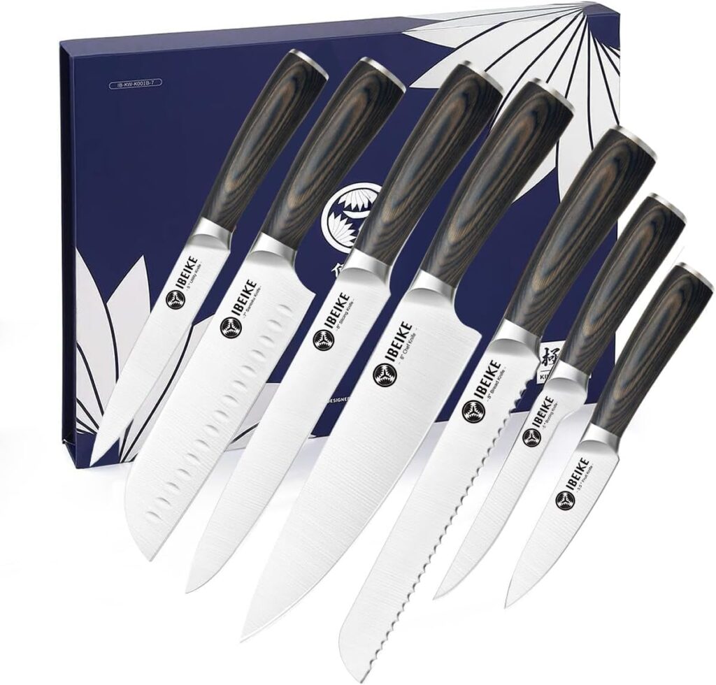 Chef Knife Set Professional – 7-Piece Kitchen knife Set without Block, High Carbon Stainless Steel Japanese-Style Kitchen knives, Full-Tang, Ergonomic Pakkawood Handle for Christmas