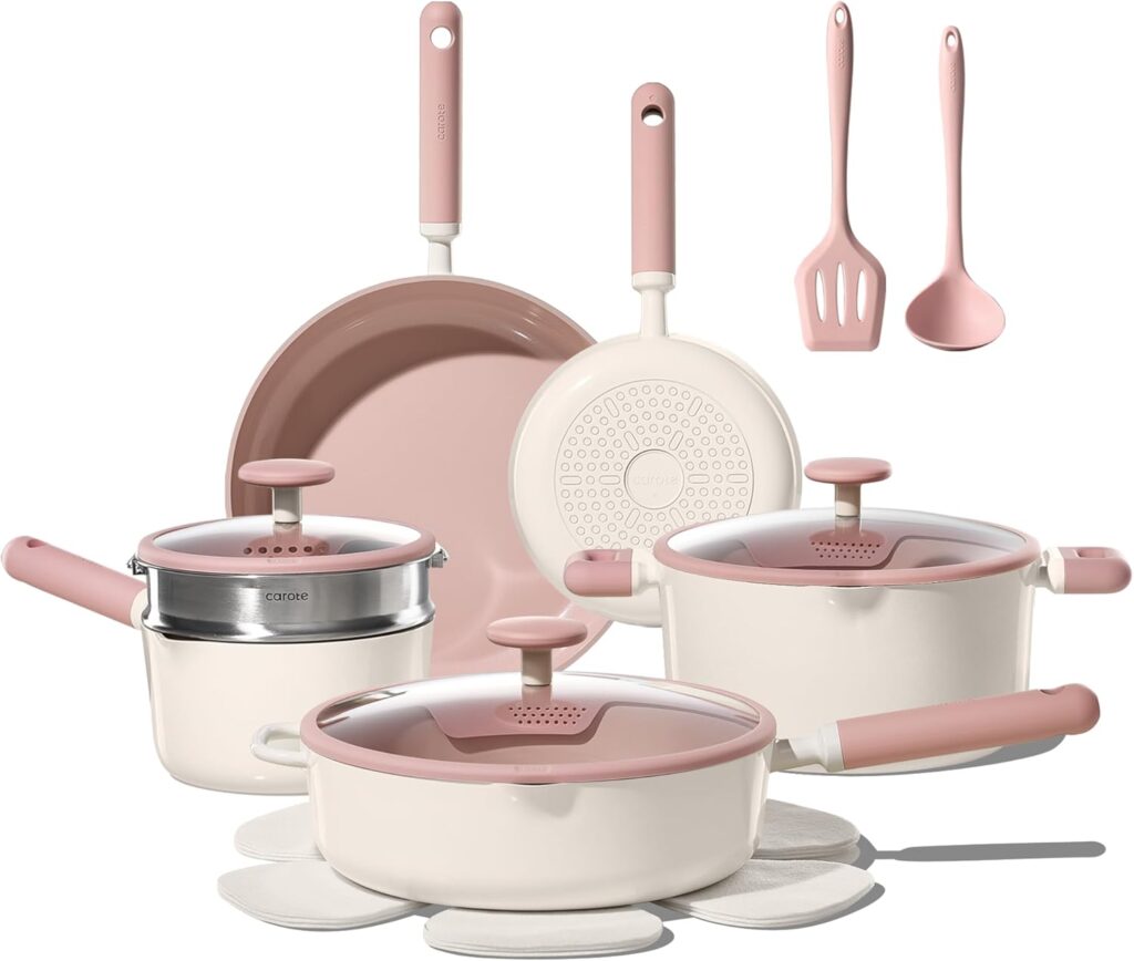 CAROTE Pots and Pans Set Nonstick, Ceramic Cookware Set, Pink Cooking Set Kitchen Induction Set with Steamer, PFAS PTFE Free,15 Piece