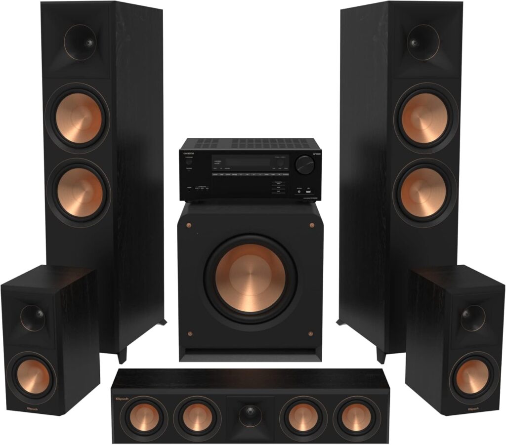 Klipsch Reference Premiere RP-8000F II 5.1 Home Theater System with 8” Cerametallic Woofers in Ebony with Onkyo TX-NR6100 7.2 Channel THX Certified Network AV Receiver