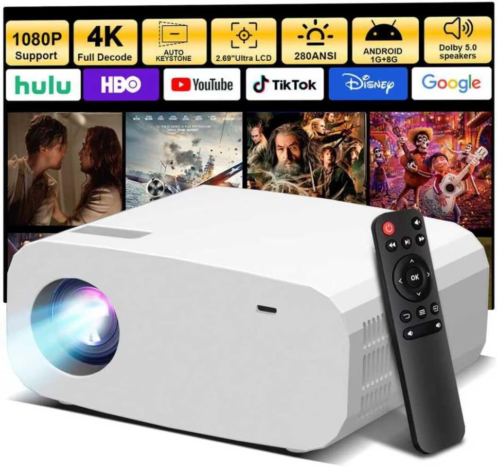 P7 Pro Projector, Portable 4K Projector with WiFi and Bluetooth 1080P Support,Electric Keystone Correction,Built-in Apps/PrimeVideo /YouTube,Indoor and Outdoor Movie Projector