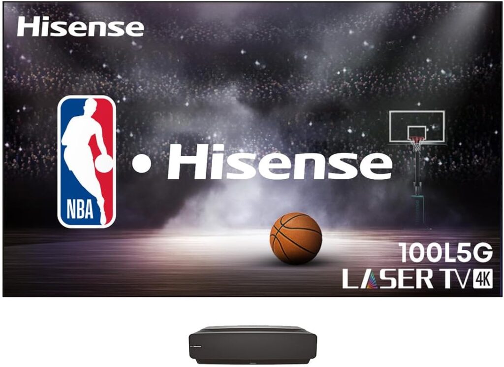 Hisense 100L5G-CINE100A 4K UHD Laser TV, UST Ultra Short Throw Projector with 100″ ALR Screen, 2700 ANSI Lumens, Android TV, HDR10, 30W (Stereo) Dolby Atmos, Built-in Alexa and Google Assistant