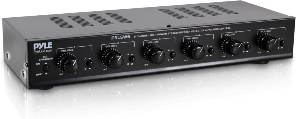 Pyle 6 Channel Speaker Selector Switch – Multi Zone A B Speaker Distribution Controller Box w/ Independent Audio Source Volume Control, Supports Home Theater Stereo Receiver System – Pyle PSLSW6