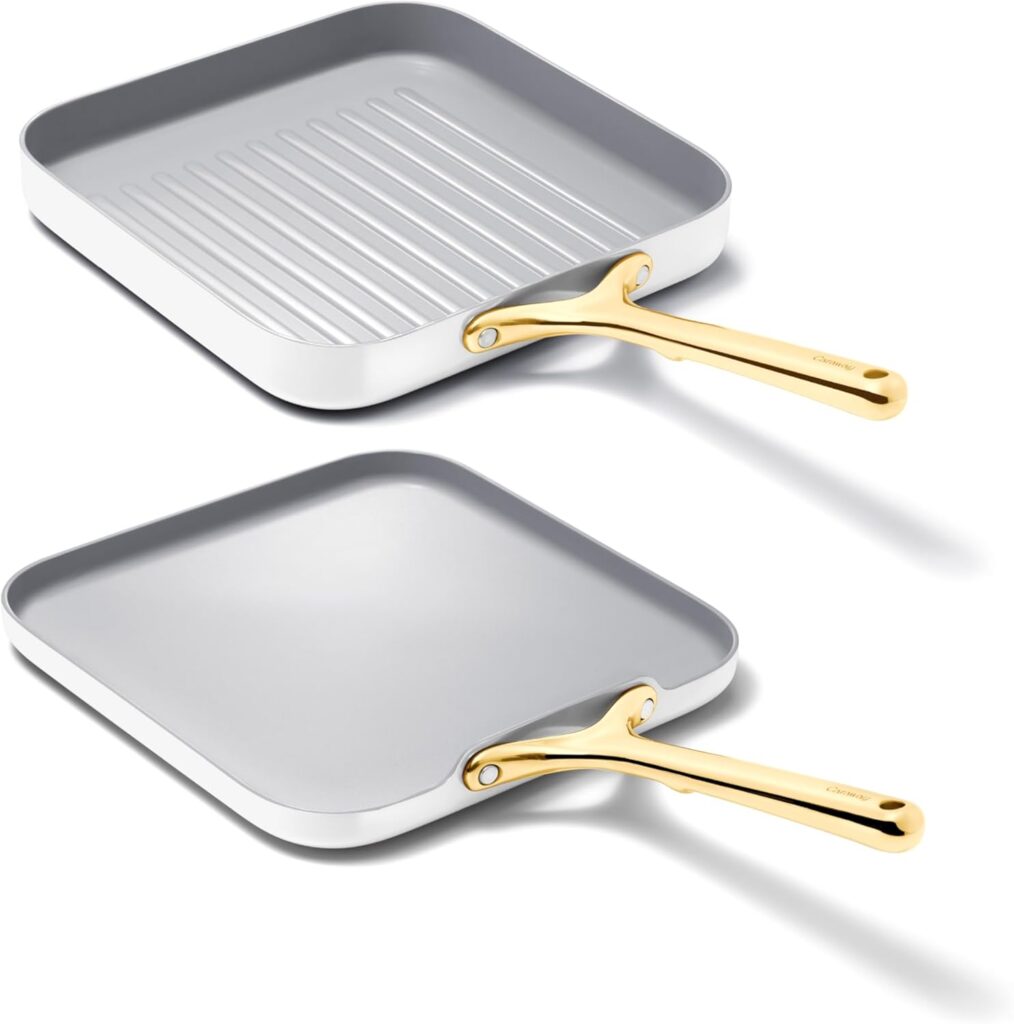Caraway Griddle Pan & Grill Pan Duo – Non-Stick Ceramic Coated – Non Toxic, PTFE & PFOA Free – Oven Safe & Compatible with All Stovetops – White