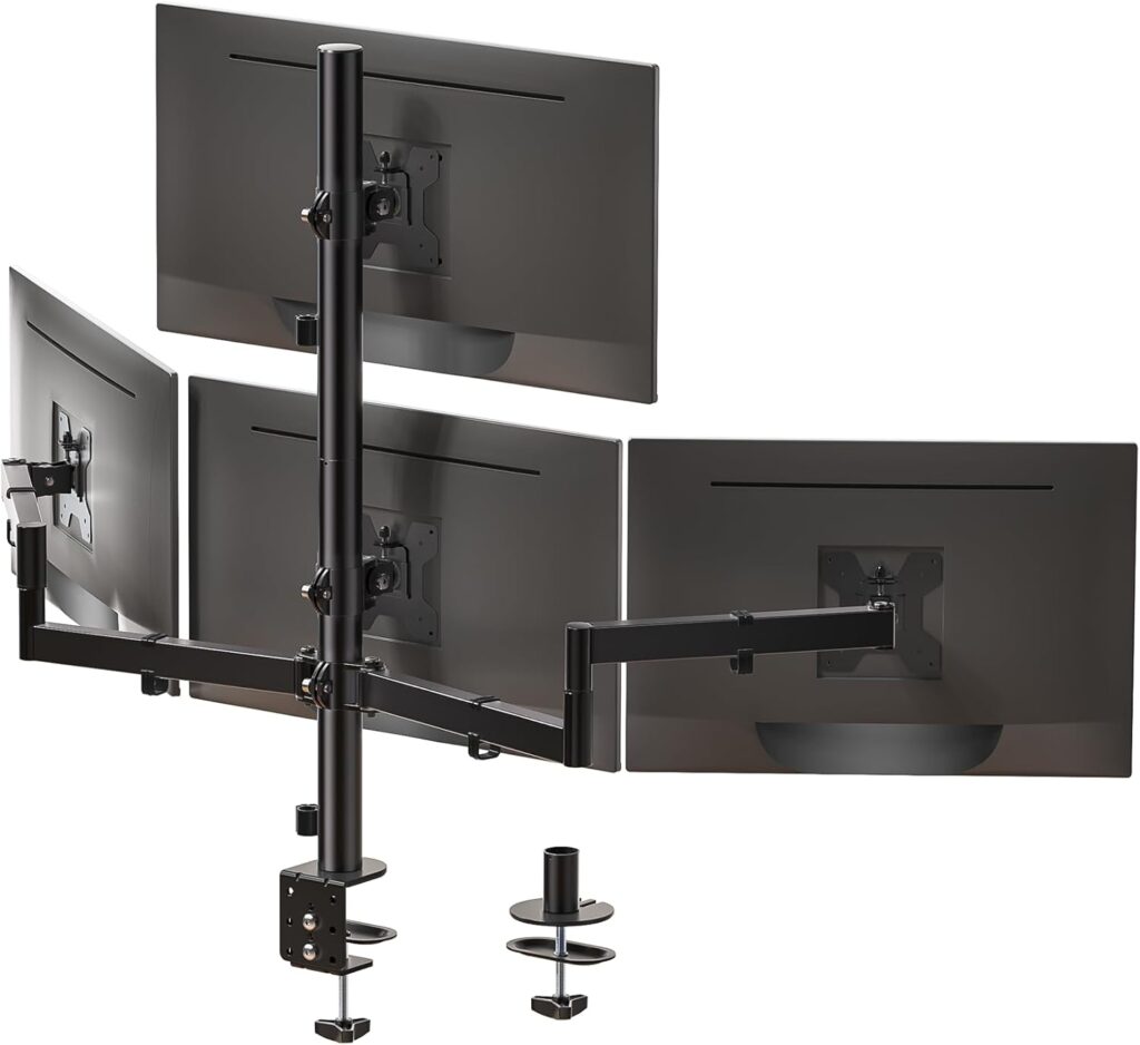 WALI Quad Monitor Mount for 13-27 Inch Screens, Fully Adjustable 4 Monitor Stand with Swivel, Tilt, Rotation, Clamp & Grommet Base Kit, Max Load 22lbs per Screen (M004S), Black