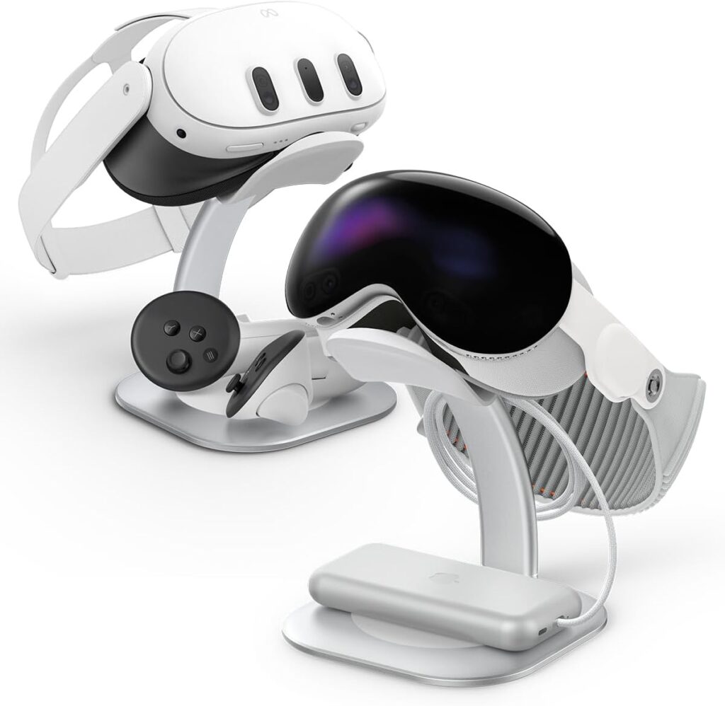 Spigen Stand Designed for Apple Vision Pro (2024/2025) and Meta Quest 3/3S/3S Xbox Edition – Premium Aluminum Universal VR Headset Display Dock Station – Silver