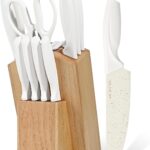 13 Piece Knife Set，Kitchen Knife Block Set，White stainless steel knife set with sharpener for Chopping, Slicing, Dicing & Cutting，Dishwasher safe
