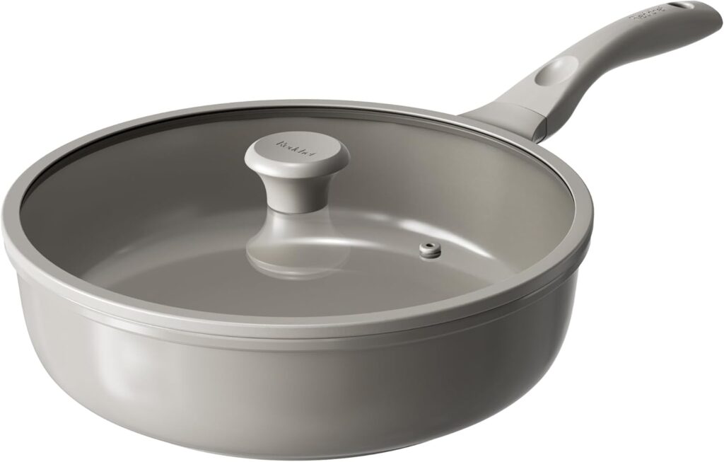 Redchef Ceramic Coated Nonstick Frying Pan with Cover, Large Deep Saute Pan Skillet, Induction Ready, Dishwasher Safe, PFOA PFOS Free, Non Toxic, Glass Lid Large Deep Frying Pan, Grey (5.5Qt, 12″)