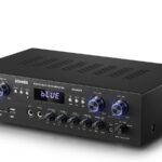 Donner Bluetooth 5.0 Stereo Audio Amplifier Receiver, 4 Channel 440W Peak Power Home Theater Stereo Receiver with USB, SD, FM, 2 Mic in Echo, RCA, LED, Speaker Selector for Studio, Home – MAMP5
