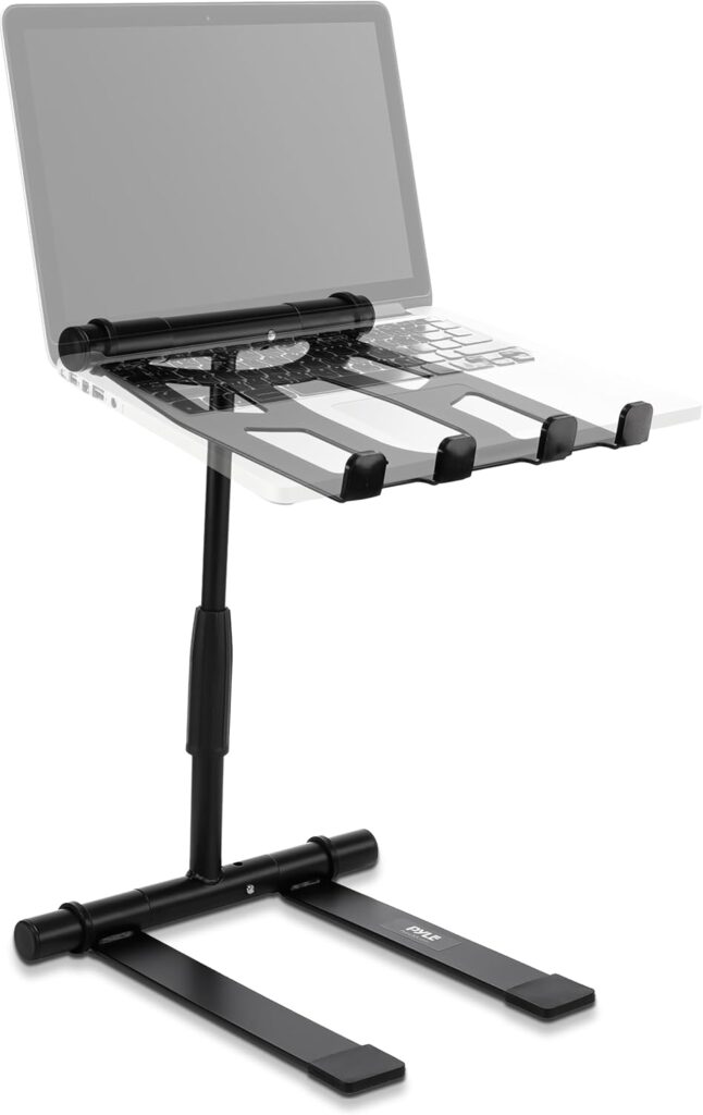 Pyle Portable Folding Laptop Stand – Standing Table with Adjustable Angle, Foldable Height and Four Prong Anti-Slip Tray for iPad, Tablet, DJ Mixer, Workstation, Gaming and Home Use – PLPTS55