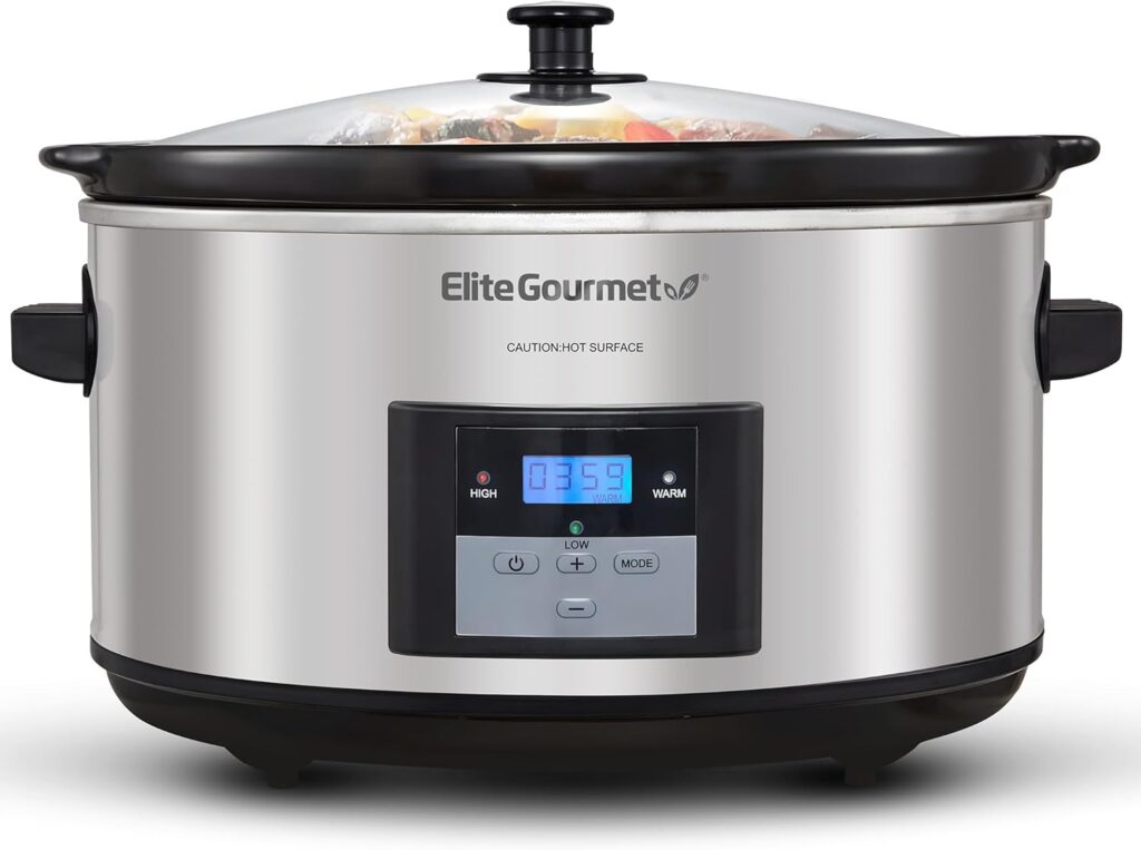 Elite Gourmet MST-900D 8.5Qt Digital Programmable XL Jumbo Slow Cooker, Adjustable Temp, Entrees, Sauces, Stews & Dips, Dishwasher Safe Glass Lid & Crock, Stainless Steel