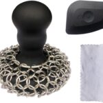 316 Upgraded Chainmail Scrubber with Silicone Handle Cast Iron Cleaner for Cast Iron Grill Pan Skillet Wok Bakeware Ergonomic to Hold Easy to Use Dishwasher Safe, Scrubber + Scraper + Towel (Black)