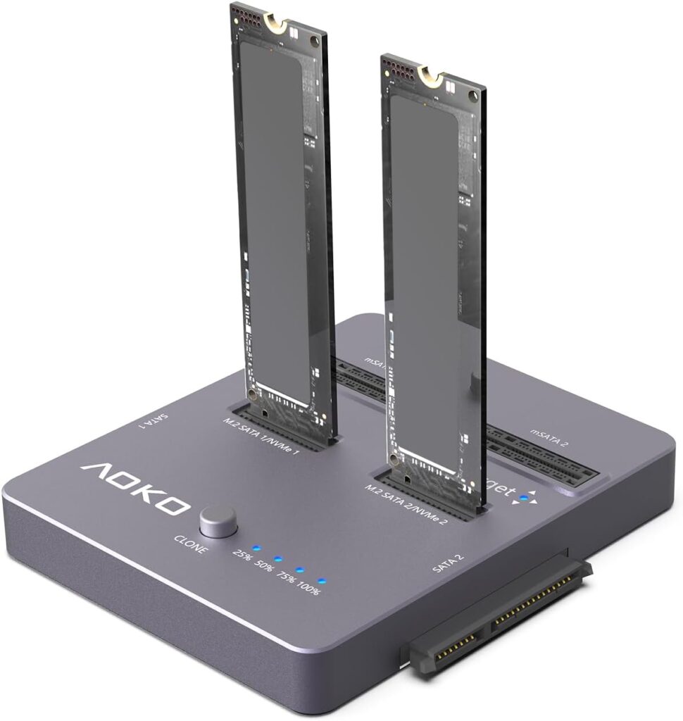 AOKO M.2 NVMe SSD Cloner, Dual-Bay 4-in-1 Hard Drive Duplicator/Reader, Supports M.2 NVMe/NGFF SATA, mSATA & SATA 2.5″/3.5″ HDD,Offline Cloning Without PC
