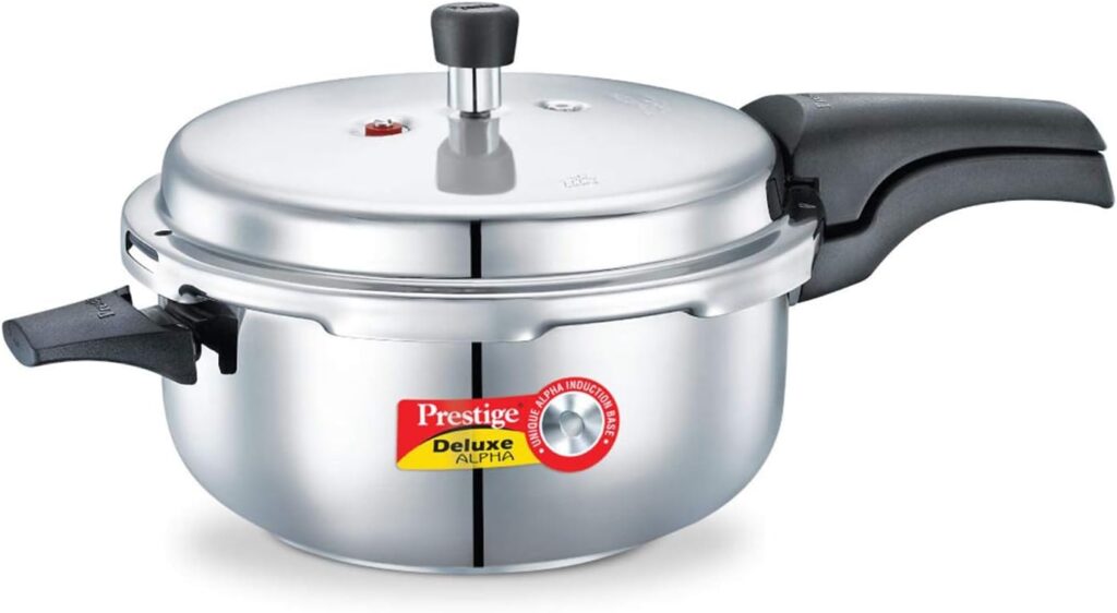Prestige 5L Alpha Deluxe Induction Base Stainless Steel Deep Pressure Pan, 5.0-Liter, Silver