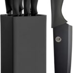 MasterChef Knife Set with Block, 6 Kitchen Knives and a Universal Knife Holder, Extra Sharp Stainless Steel Blades for Precise Cutting with Non Stick Coating & Soft Touch Easy Grip Handles, Black