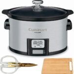 Cuisinart PSC-350 3.5 Quart Programmable Slow Cooker Brushed Stainless Steel Bundle with Deco Chef All purpose clear acrylic golden titanium coating shear and Deco Chef Premium Bamboo Cutting Board