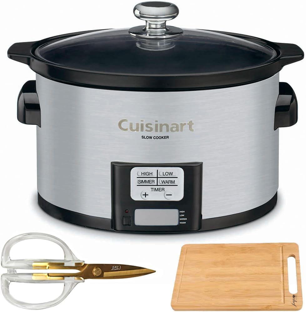 Cuisinart PSC-350 3.5 Quart Programmable Slow Cooker Brushed Stainless Steel Bundle with Deco Chef All purpose clear acrylic golden titanium coating shear and Deco Chef Premium Bamboo Cutting Board