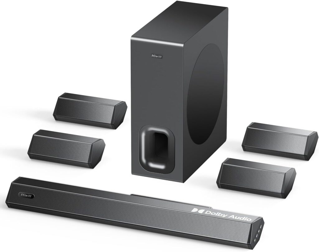 Hiwill 7.1ch Dolby Audio Sound Bar for Smart TV, 4 Surround Speakers, 410w Peak Power, Home Theater Surround Sound System, TV Sound Bar with Subwoofer Wireless, 5.3 Bluetooth Speakers, HDMI ARC/Opt