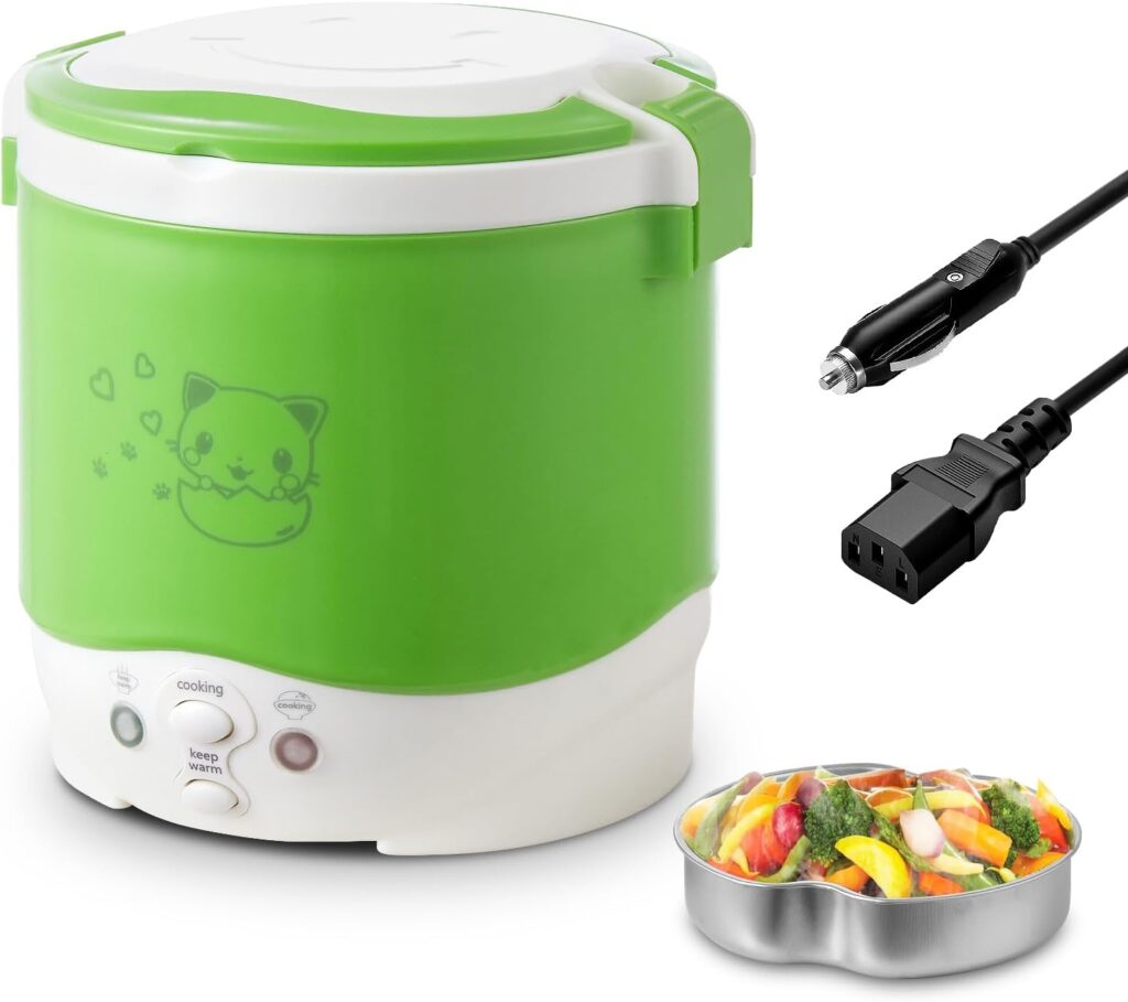 OSBA Mini Rice Cooker, 1L Travel Rice Cooker Small 12V For Car, Cooking For Soup Porridge and Rice, Cooking Heating and Keeping Warm Function(Green)