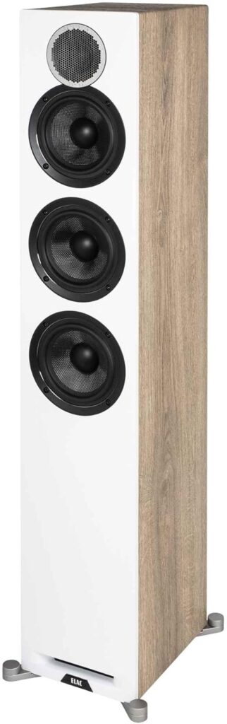 ELAC Debut Reference Floor Standing Speaker, Walnut or Oak Single Tower Speaker for Home Theater, White Baffle with Oak Sides