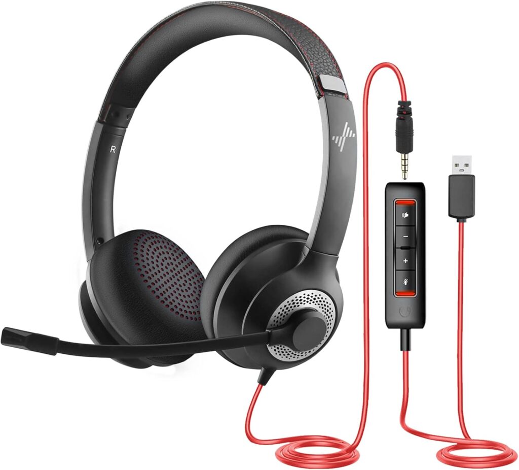 USB Headset with Microphone for PC, On-Ear Computer Laptop Headphones with Noise Cancelling Microphone in-line Control for Home Office Online Class Skype Zoom (USB+3.5mm, Black)