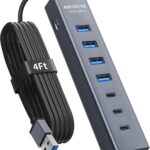 4Ft 7-Port USB Hub 3.0 for Desktop, 4 USB-A & 3 USB-C Ports Aluminium 5Gbps USB Extender Hub, USB Splitter, USB Hub Long Cable for Desktop, PC, Flash Drive, Mobile HDD SSD, Windows/XPS
