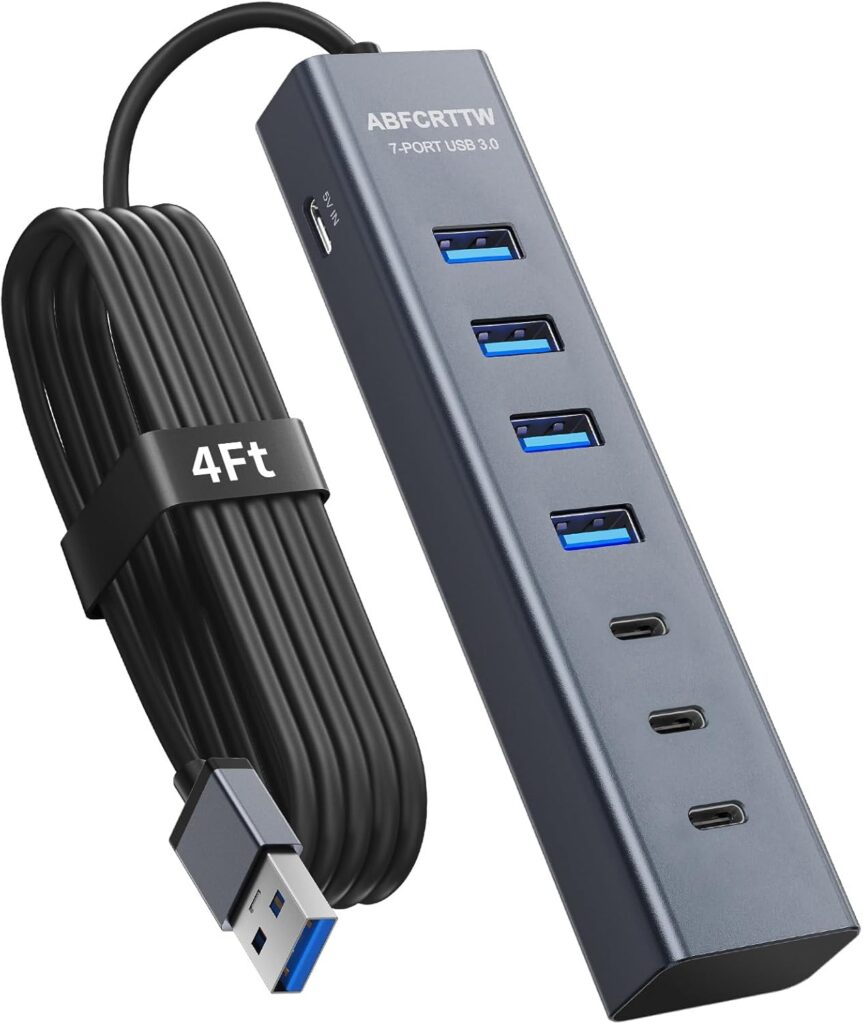 4Ft 7-Port USB Hub 3.0 for Desktop, 4 USB-A & 3 USB-C Ports Aluminium 5Gbps USB Extender Hub, USB Splitter, USB Hub Long Cable for Desktop, PC, Flash Drive, Mobile HDD SSD, Windows/XPS