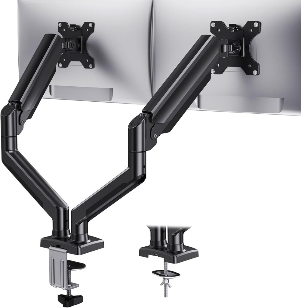 HUANUO Dual Monitor Mount for 2 Monitors up to 32 inches, Each Arm Holds Max 22lbs, Dual Monitor Stand with Advanced System, Height-Adjustable/Tilt/Swivel/Rotate, VESA Standard 75mm or 100mm