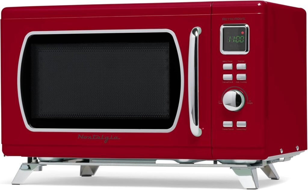 Nostalgia Mid-Century Retro Countertop Microwave Oven – Large 900-Watt – 0.9 cu ft – 8 Pre-Programmed Cooking Settings – Digital Clock – Kitchen Appliances – Red