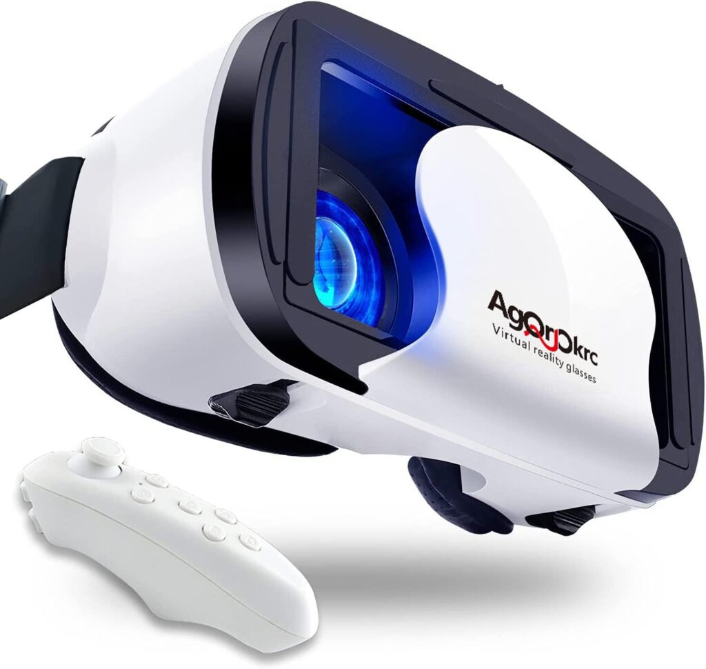 VR Headset with Controller Adjustable 3D VR Glasses Virtual Reality Headset HD Blu-ray Eye Protected Support 5~7 Inch for Phone/Android (White)
