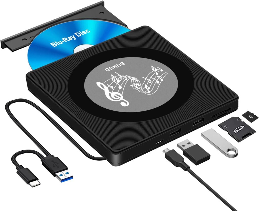 External Blu Ray CD DVD Drive, USB Blu Ray Drive External Bluray Burner Read/Write BD Player with 2 USB and TF/SD Slots, Optical Blue Ray CD DVD Reader for Laptop Apple PC Windows 11 MacBook Pro Air