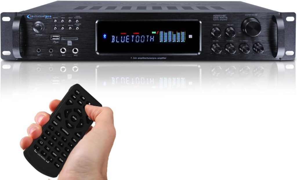 2500 Watts Digital Hybrid Amplifier, Preamp/Tuner with USB and SD Inputs, 2 Mic Inputs, AM/FM Digital Tuner, Wireless Remote, Bass & Treble Controls, FM Radio, Recorder, Bluetooth by Technical Pro