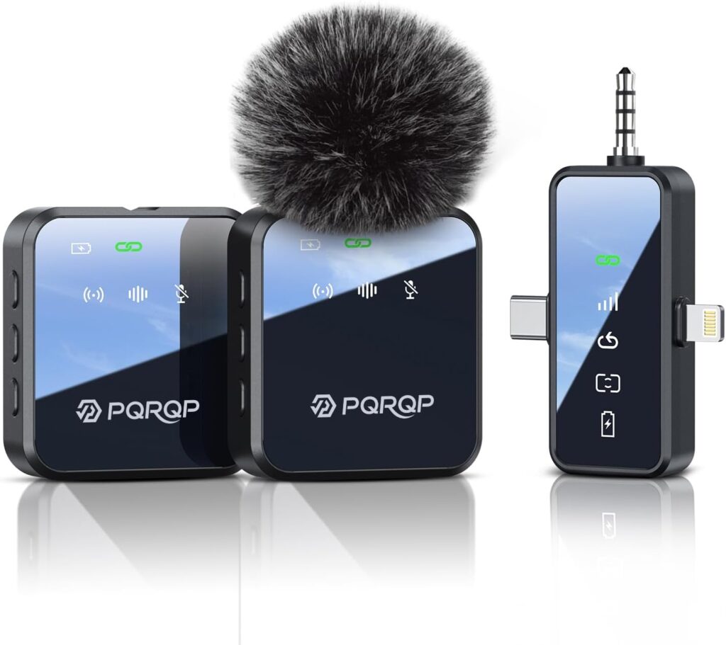 PQRQP 3 in 1 Microphone for iPhone/Android/Camera, Wireless Microphones, 328ft Transmission, 18H Battery Life, Mini Microphone for Record Interview, Vlogs, YouTube, Tiktok