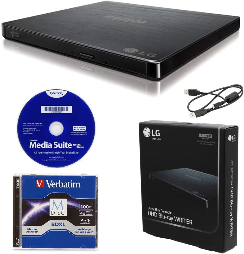 Produplicator LG BP60NB10 Portable 6X Ultra HD 4K Blu-ray Burner External Drive with CyberLink Software, 100GB M-DISC BDXL, and USB Cable – Burns CD DVD BD DL BDXL Discs