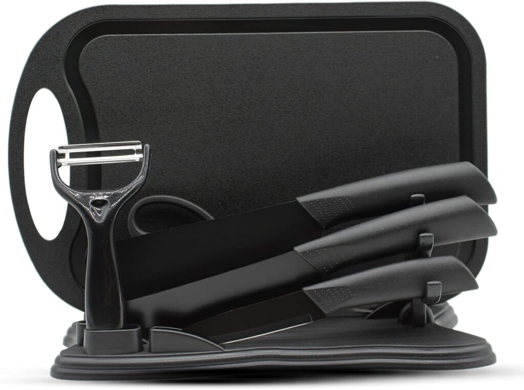 Magicorange 7-Piece Kitchen Knife Set – 5 Black Stainless Steel Knives with Sheaths, Cutting Board, and a Knife Block- Stainless Steel Kitchen Knives with PP Ergonomic Handle (Black)
