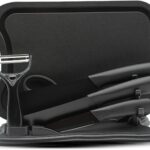 Magicorange 7-Piece Kitchen Knife Set – 5 Black Stainless Steel Knives with Sheaths, Cutting Board, and a Knife Block- Stainless Steel Kitchen Knives with PP Ergonomic Handle (Black)
