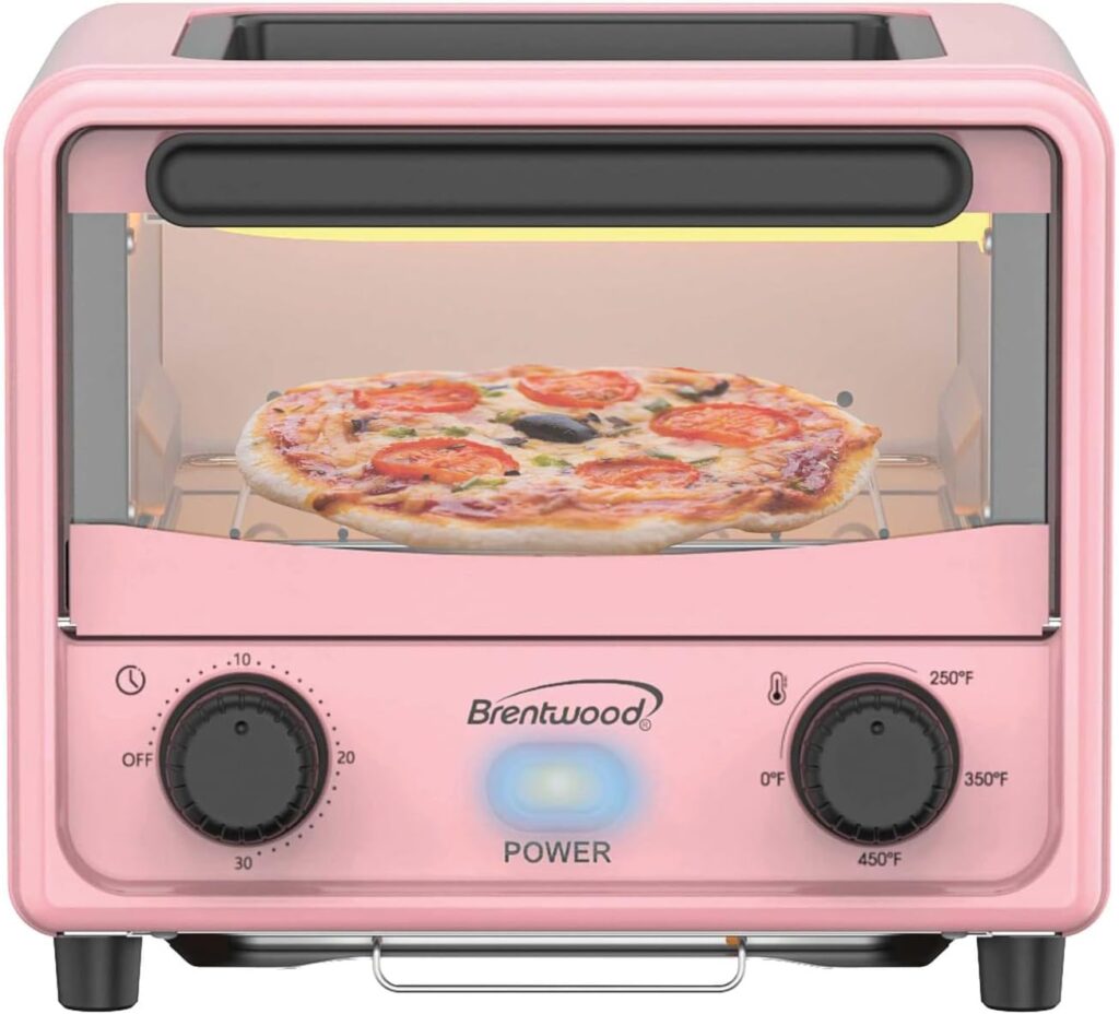 Brentwood 3 Liter Stainless Steel Mini Toaster Oven and Griddle with Timer, Adjustable Temperature, Removable Crumb Tray, and Cool Touch Handle (Pink)