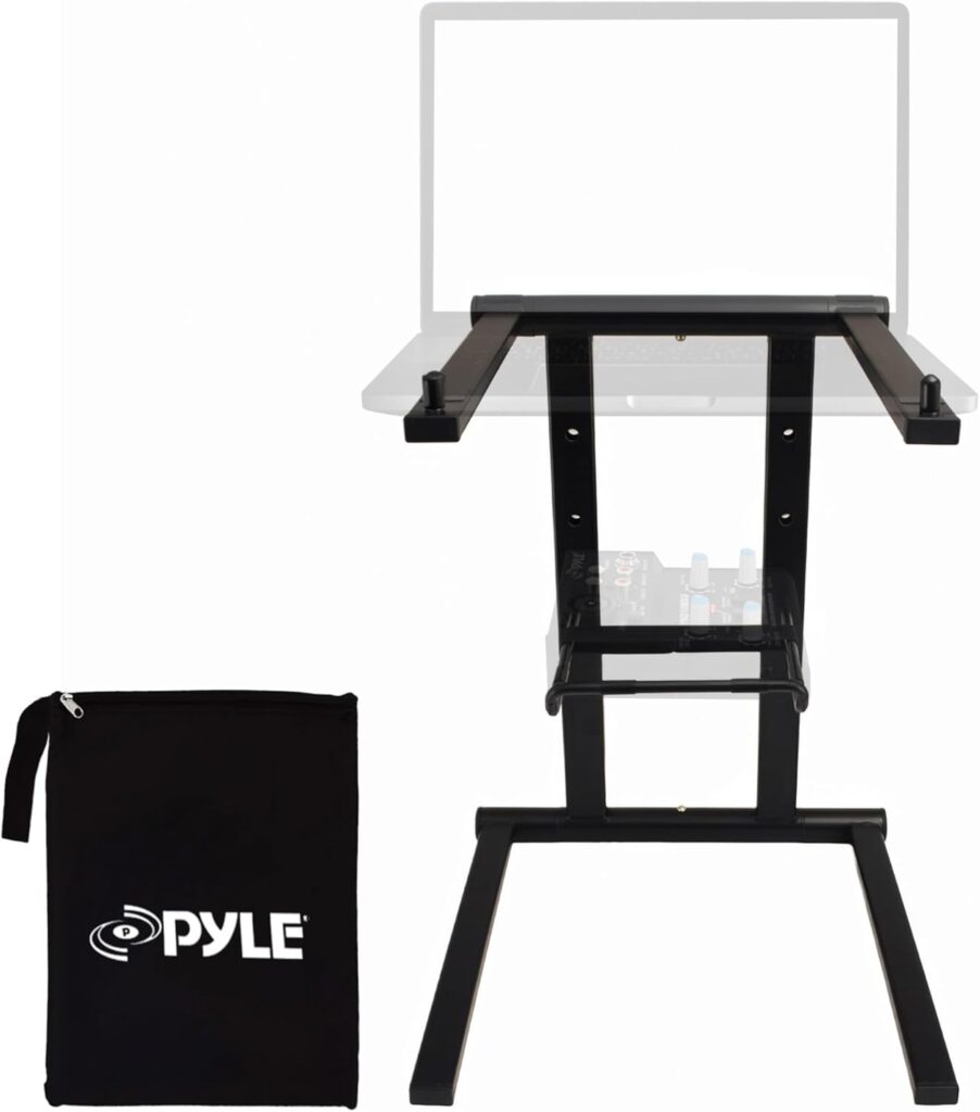 Pyle Portable Folding Laptop Stand – Foldable Laptop Stand with Adjustable Height, Secondary Accessory Tray for iPad, Tablet, DJ Mixer, Workstation, Gaming, Home Use and Carrying Bag Included