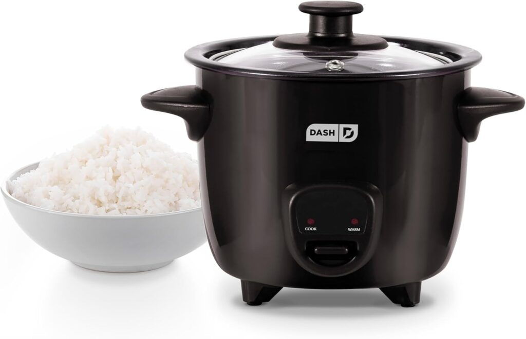 DASH Mini Rice Cooker Steamer with Removable Nonstick Pot, Keep Warm Function & Recipe Guide, One Half Quart, for Soups, Stews, Grains & Oatmeal – Black