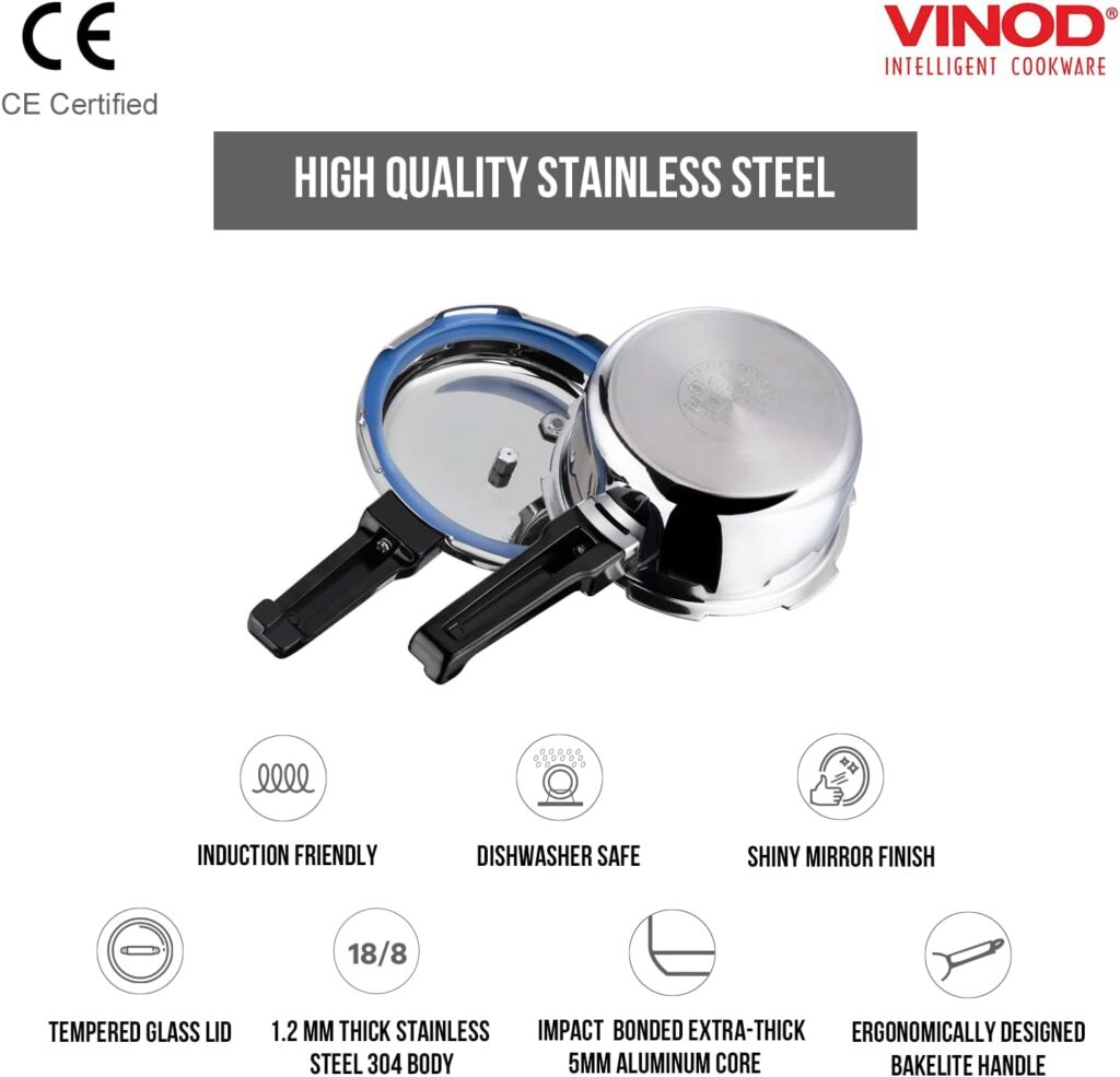 Vinod Pressure Cooker Stainless Steel – Outer Lid – 3 Liter – Induction Base Cooker – Indian Pressure Cooker – Sandwich Bottom – Best Used For Indian Cooking, Soups, and Rice Recipes, Quinoa