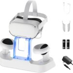 NexiGo Enhanced Charging Dock with LED Light for Oculus/Meta Quest 2, [Support Elite Strap with Battery], Headset Display Stand and Controller Mount, 2 Rechargeable Batteries, White