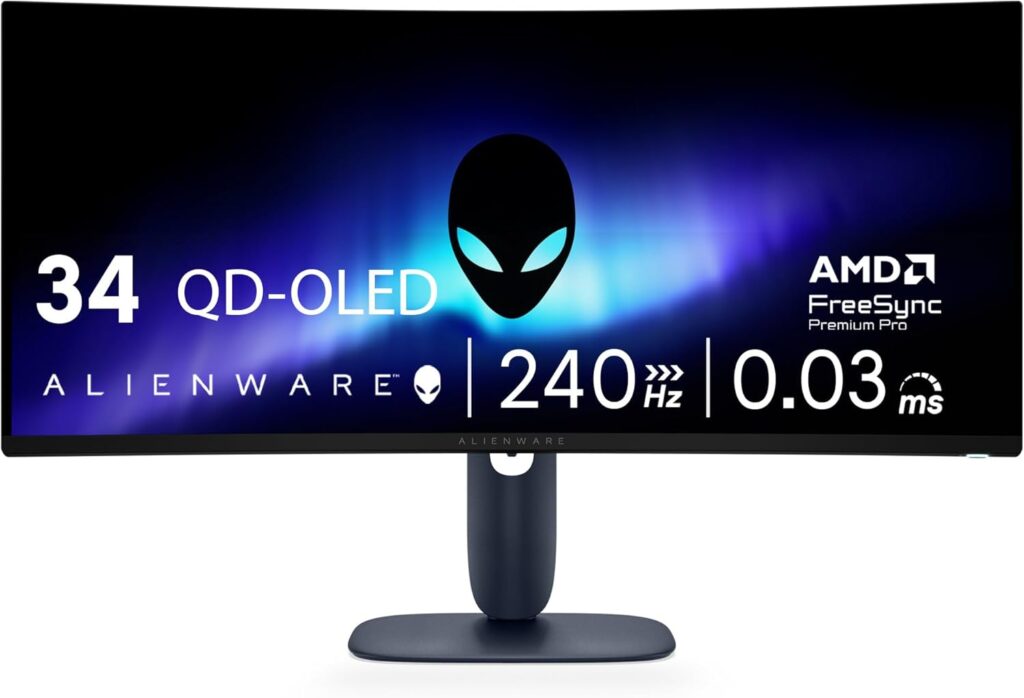 Alienware 34 240Hz QD-OLED Curved Gaming Monitor – AW3425DW – 34.2-inch WQHD (3440 x 1440) 240Hz 0.03ms Display, 1800R Curve, AMD FreeSync Premium Pro, VESA AdaptiveSync, VESA DisplayHDR TrueBlack 400