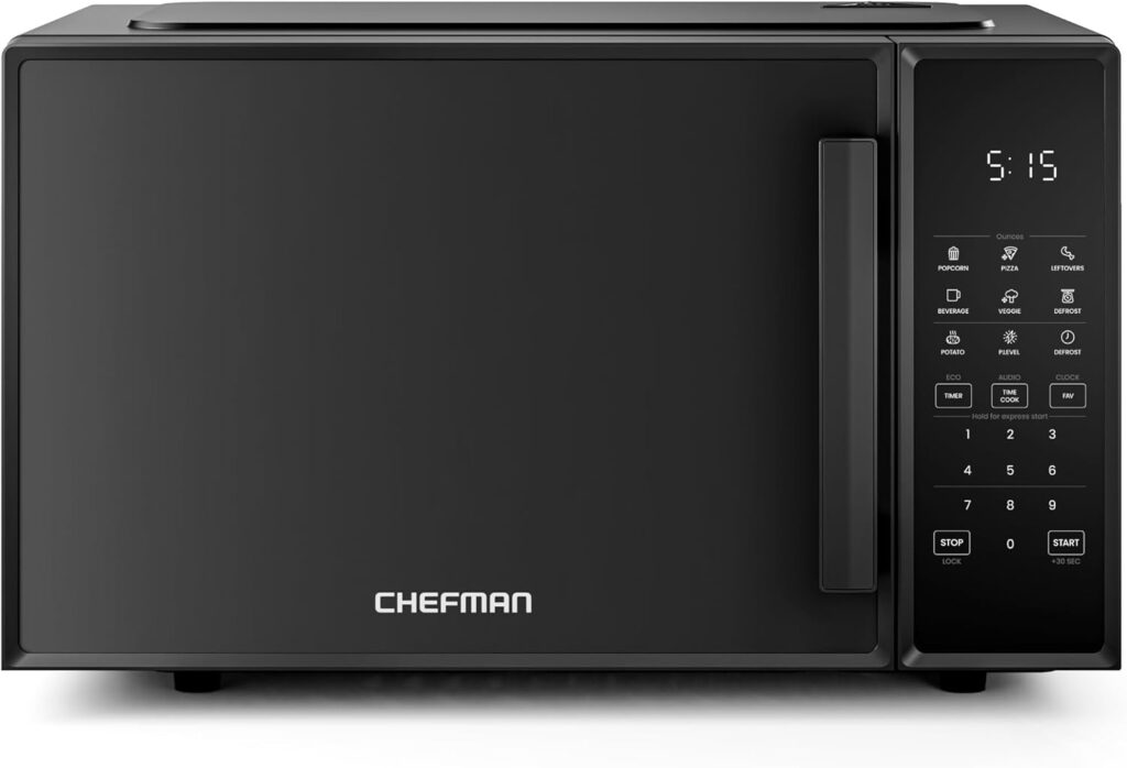 Chefman Countertop Microwave Oven 0.9 Cu. Ft., 900 Watts with 10 Power Levels, 6 Cooking Presets with One-Touch Express Cook, Eco Mode, Child Safety Lock, & Mute Button – Black