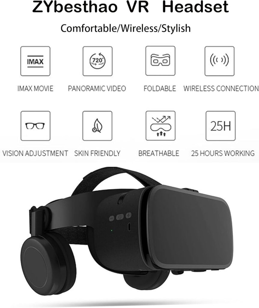 3D Glasses Virtual Reality VR for Smartphone Google Cardboard, Wireless Bluetooth VR Headset Helmet Stereo for Android iOS iPhone 12 11 Pro Max Mini X R S 8 7 Samsung 4.7-6.2″ Phone (Black)