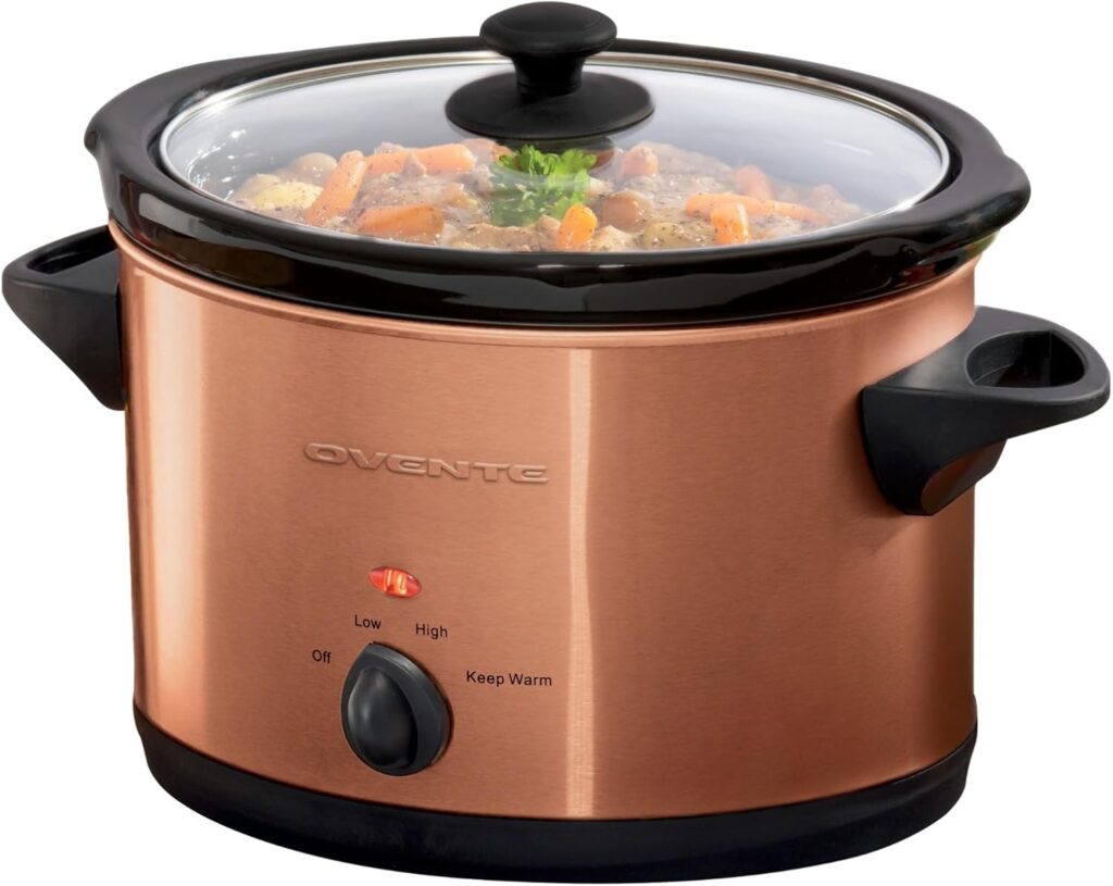 OVENTE 4-Quart Electric Slow Cooker with 3 Temperature Setting, Removable Ceramic Pot, Dishwasher Safe Glass Lid, Stainless Steel Body, Ideal for Entrees, Soups, Sauces, Stews & Dips, Copper SLO40ACO