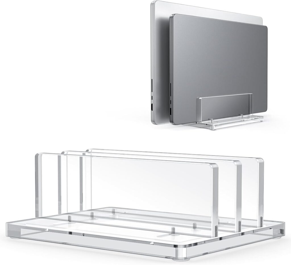 OMOTON Vertical Laptop Stand for Desk, Acrylic Dual Laptop Holder Desktop Clear Adjustable Dock for MacBook Pro Air, HP, All Gaming Laptops up to 17” (Clear, Dual Slot)