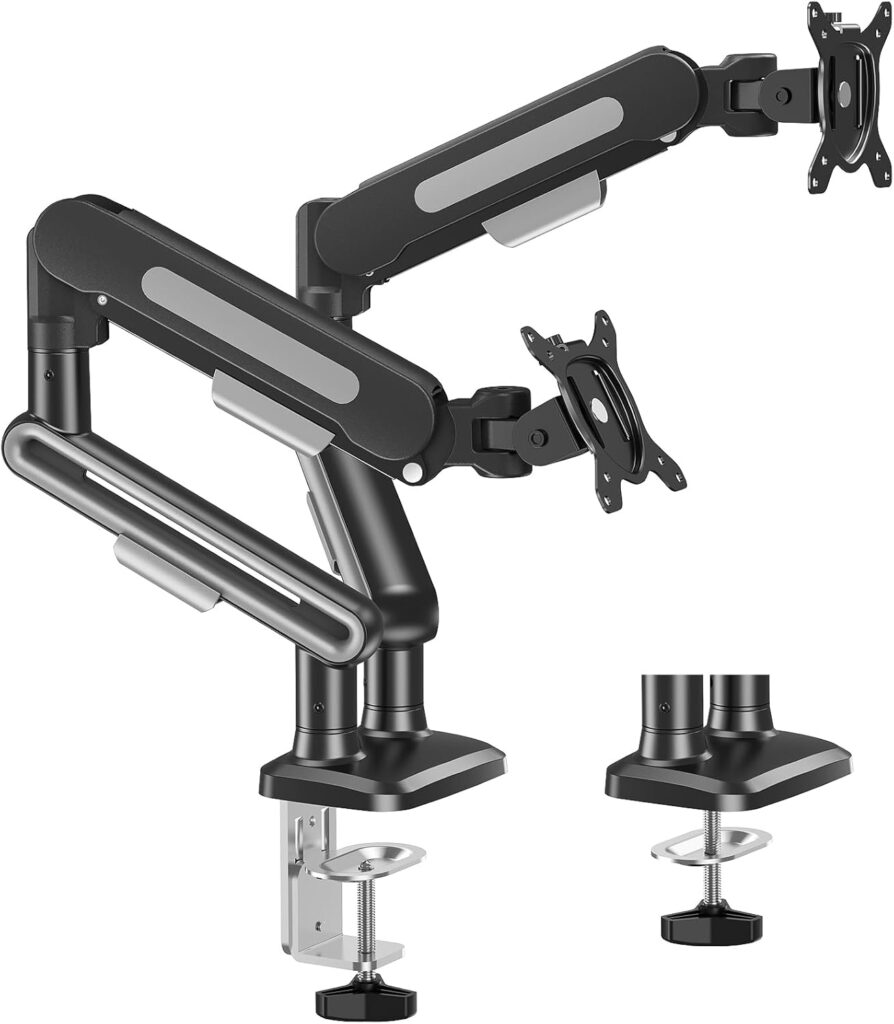 MOUNT PRO Dual Monitor Desk Mount, Pneumatic Monitor Arms for 2 Monitors Max 39 Inches, Adjustable Dual Computer Monitor Stand Each Arm Holds up to 26.5lbs, VESA Mount with C Clamp & Grommet Base