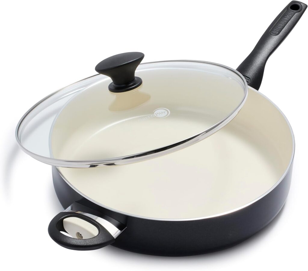 GreenPan Rio Healthy Ceramic Nonstick 5QT Saute Pan Jumbo Cooker with Helper Handle and Lid, PFAS-Free, Dishwasher Safe, Black