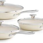 Redchef Nonstick Cookware Sets, Frying Pan Set with Tempered Glass Lids, Ceramic Cookware Set, Stay-Cool Handles, Dishwasher & Oven Safe, Compatible with All Cooktops, Beige (8+9.5+11 Inch)