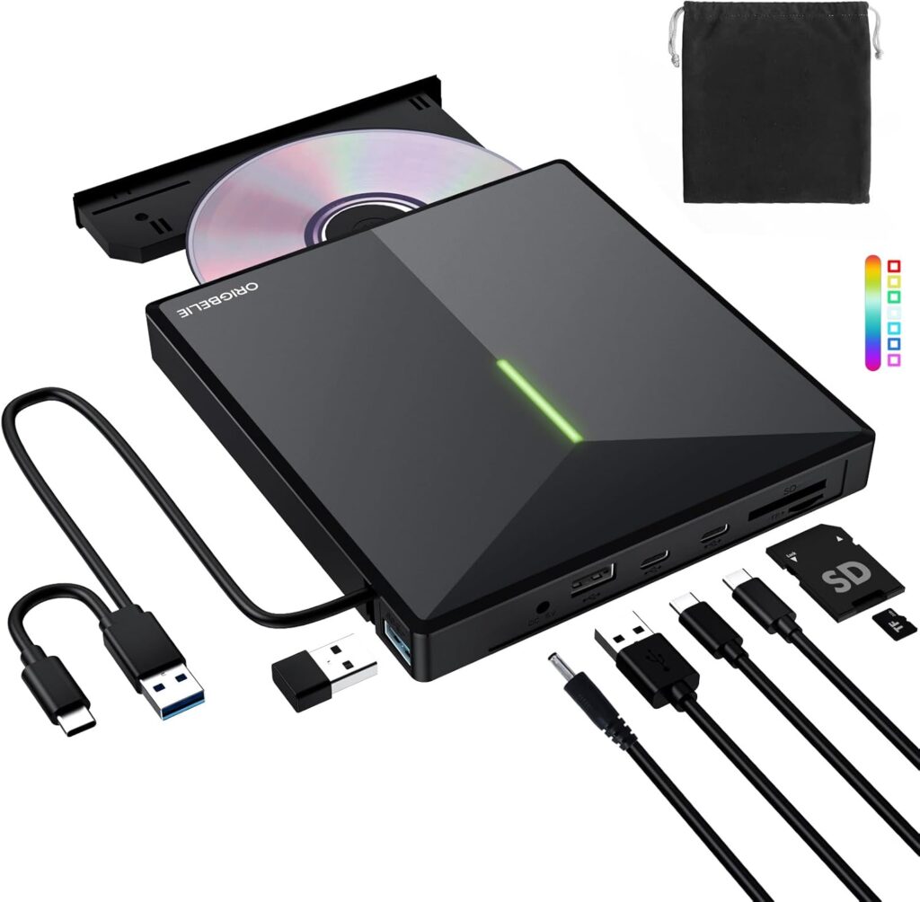 External CD DVD Drive with 4 USB Ports and 2 TF/SD Card Slots, USB 3.0 Portable CD/DVD Disk Drive Player Burner Reader Writer for Laptop MacBook Desktop PC Windows 11/10/8/7 Linux Mac OS