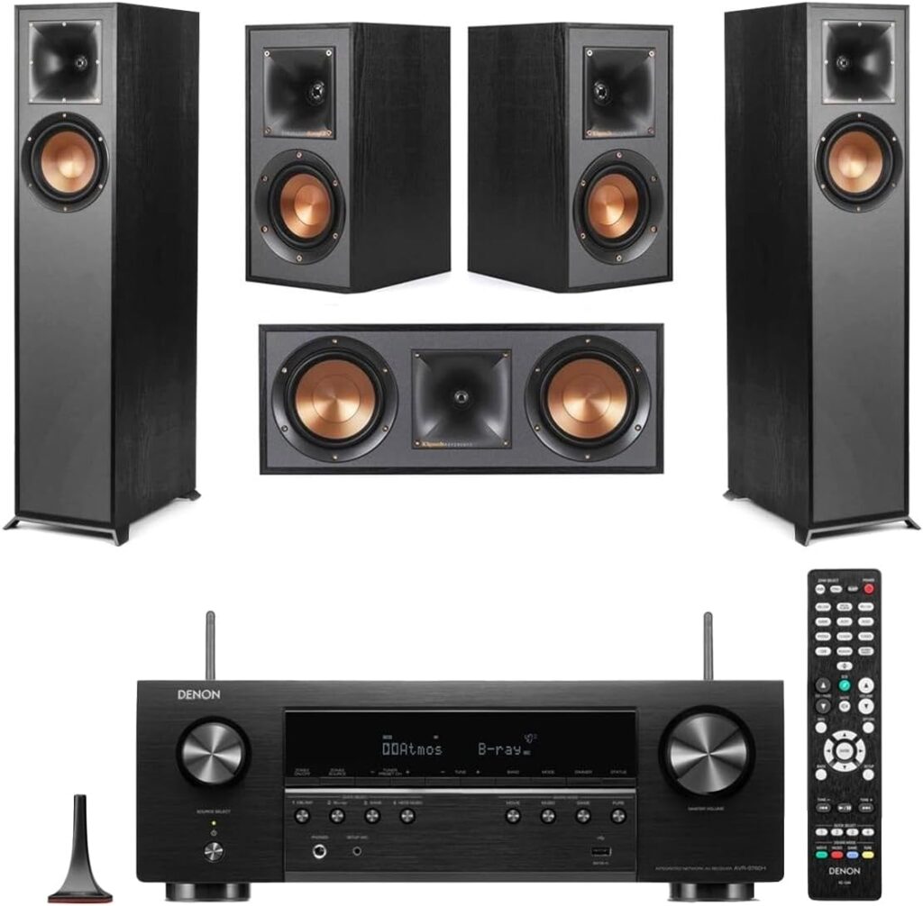 Klipsch Reference 5.0 Home Theater System with 2X R-610F Floorstanding Speaker, R-52C Center Channel Speaker, 2X R-41M Bookshelf Speaker and AVR-S670H 75W 5.2-Channel 8K Network AV Receiver, Black